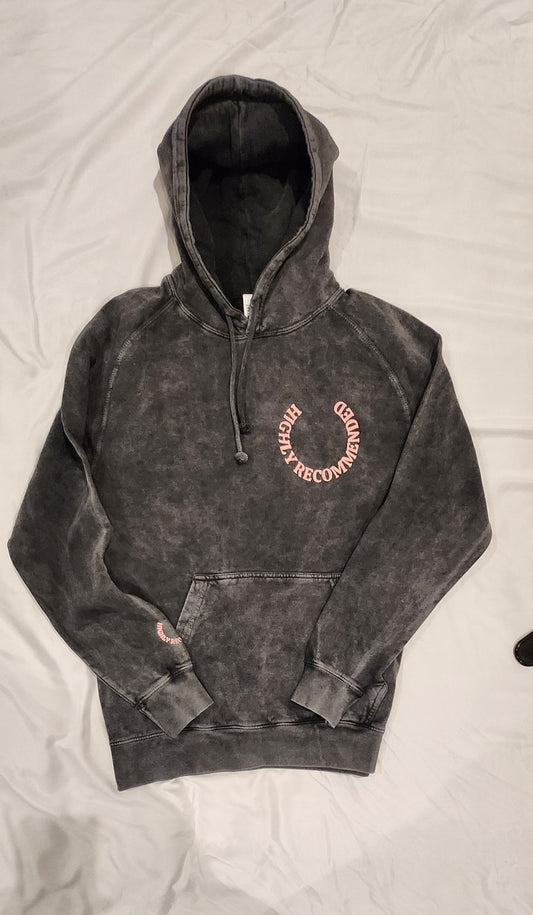 Black with pink logo acid wash Highly Recommended hoodie