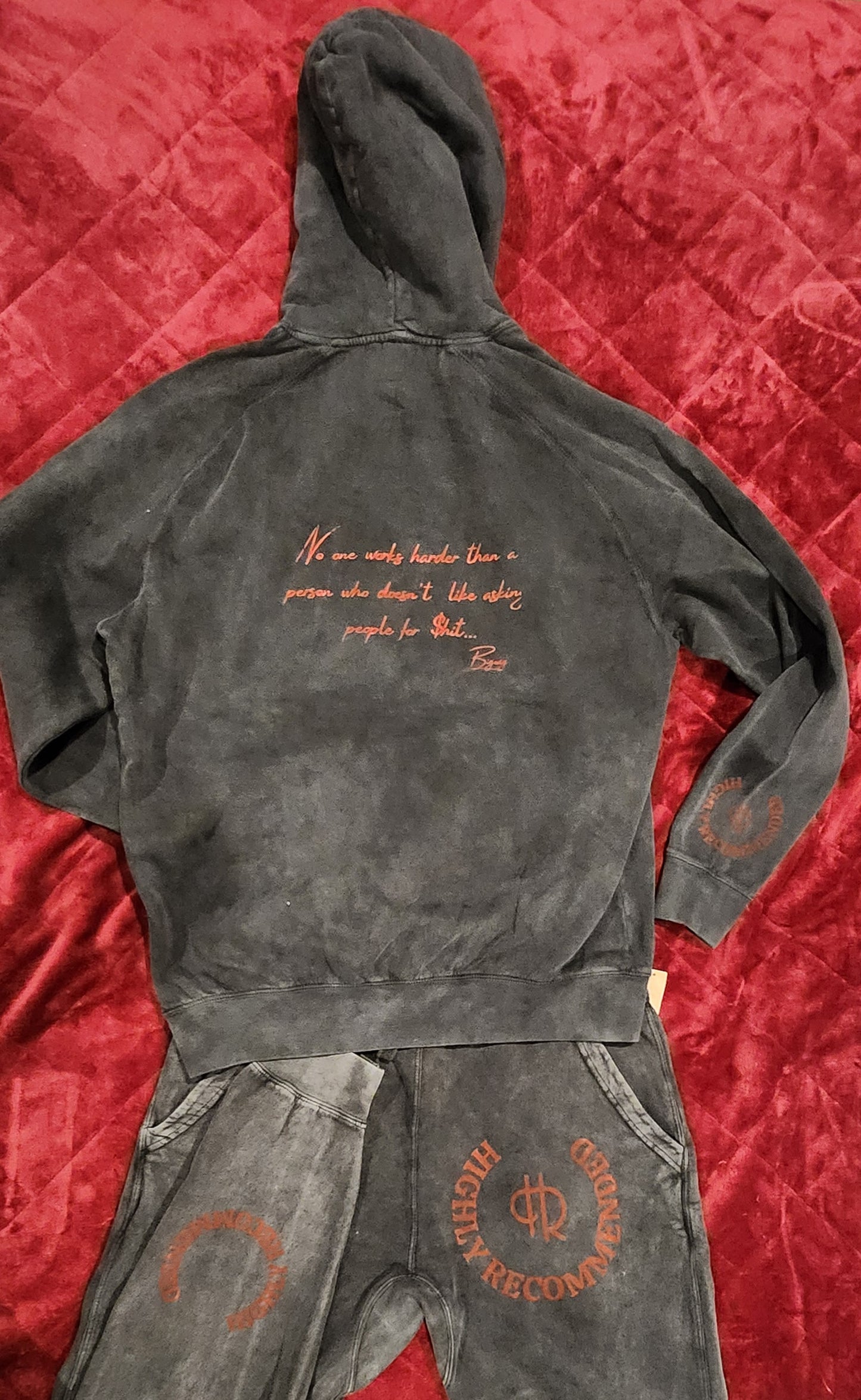 Black with red logo acid wash Highly Recommended sweatsuit