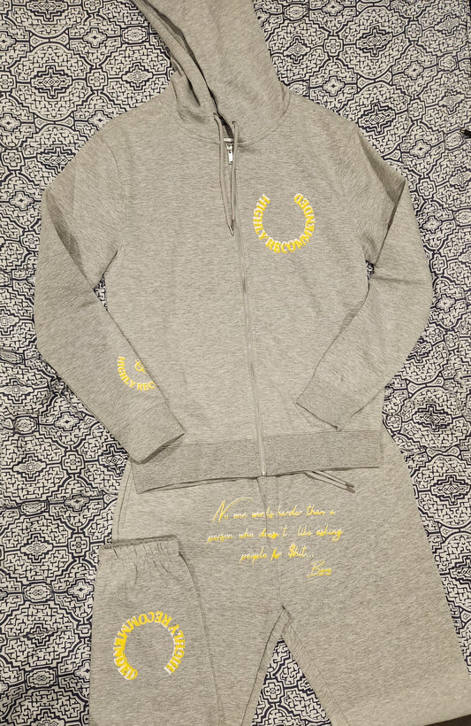 Cool gray with white/yellow logo Highly Recommended sweat suit